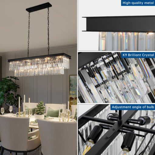 Weesalife Crystal Chandeliers for Dining Room Light Fixtures Over Table，15-Lights Black Modern Rectangle Chandeliers for Kitchen Island Bar L40 Inch - Image 5