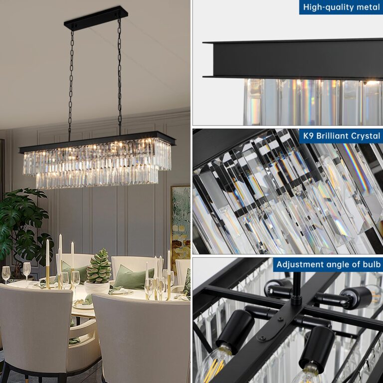 Weesalife Crystal Chandeliers for Dining Room Light Fixtures Over Table，15-Lights Black Modern Rectangle Chandeliers for Kitchen Island Bar L40 Inch - Image 5