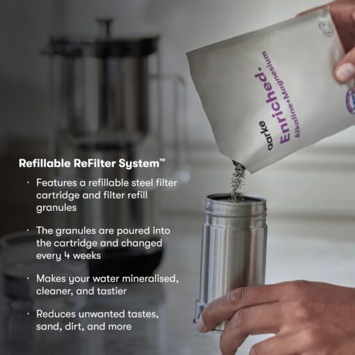 aarke Purifier Regular - 1.18 L Glass Water Filter Pitcher Bundle, Refillable Stainless Steel Filter, BPA-Free, Includes (3-Pack) Refill Enriched Granules, Reduce Heavy Metals and Adds Minerals - Image 7