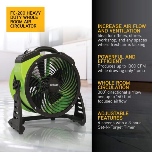 XPOWER FC-200 Heavy Duty Industrial High Velocity Whole Room Air Mover Air Circulator Utility Floor Fan, 4 Speeds, Timer, 13 inch, 1300 CFM - Image 7