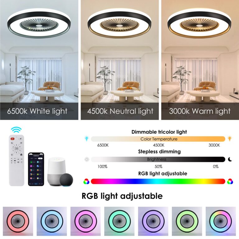HUMHOLD 24" Bladeless Ceiling Fan with RGB Light Remote, Smart LED Ceiling Fans with Voice/App Control, Modern Low Profile Dimmable Light Ceiling Fan for Bedroom Living Room Black - Image 8