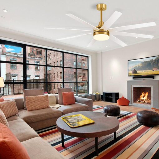 Breezary 65 Inch Ceiling Fan with Light and Remote, 8-Blade, Reversible DC Motor, 6-Speed, Timer, Industrial Ceiling Fans with Led Light Chandelier for Bedroom Office (Gold & White) - Image 2