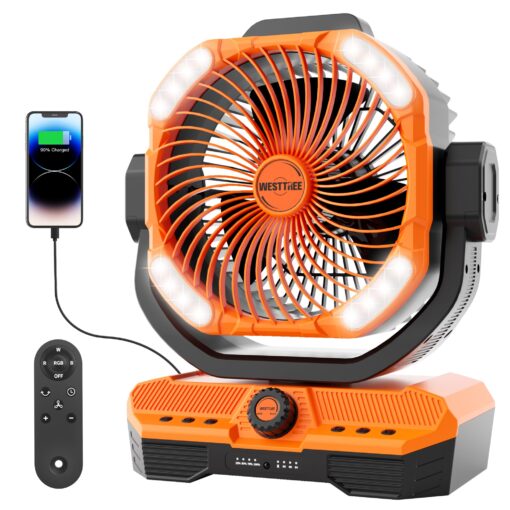 WESTTREE Battery Powered Fan Powerful Airflow Battery Operated Air Circulator Fan for Bedroom,Quiet & 360°Auto Oscillating Rechargeable Camping Fans with LED Light (RGBW) X66 Orange