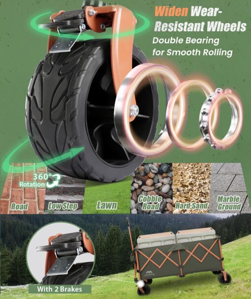 Moothing 48”L Foldable Wagons Carts Extended, Collapsible Folding Wagon 500lbs Heavy Duty, 400L Large Beach Wagon, Utility Wagon with All Terrain Big Wheels for Sports, Camping, Grocery, Garden, Green - Image 6