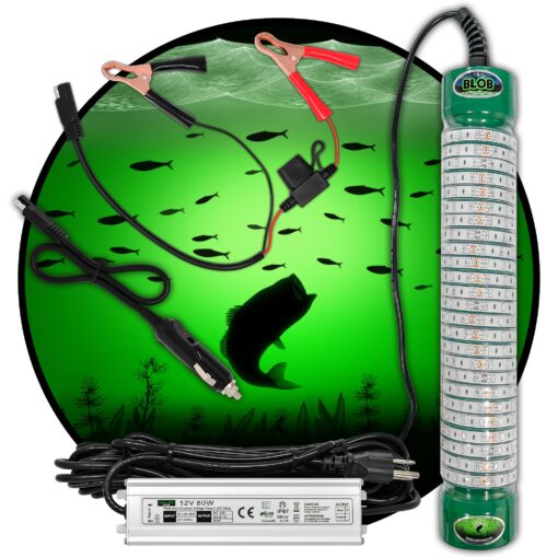 Green Blob Outdoors New Underwater Fishing Light for Docks and Boats, 110V and 12V, 15000 Lumen, Texas Made, for Snook, Bass, Catfish, Includes 110V Driver, Cig Lighter, and Gator Clips Adapters