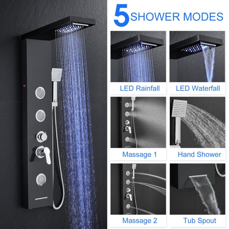 TSIBOMU Multi-Function LED Lights Shower Panel System Black, 5 in 1 Shower Panel Include Rainfall & Waterfall Shower Head, 3 Pcs Adjustable Massage Jets, Handheld Shower, Tub Spout - Image 9