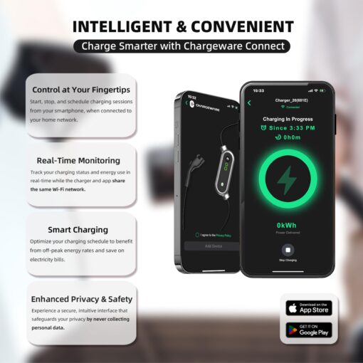 CHARGEWARE Level 2 Smart EV Charger with App Control, Up to 9.6kW, ETL/FCC/Energy Star Certified, 24ft Cable, Wall Mount and Portable Options, 14-50R to 5-15P Adapter, LCD Display, Dark Gray - Image 7