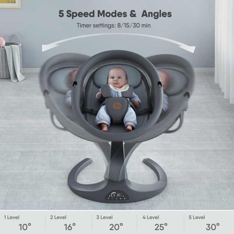 Obee Odee Baby Swing - 5 Speeds, 12 Lullabies, Portable with 360 Rotating Seat, Adapter & Battery Operated, Indoor & Outdoor (Gray, Basket) - Image 6