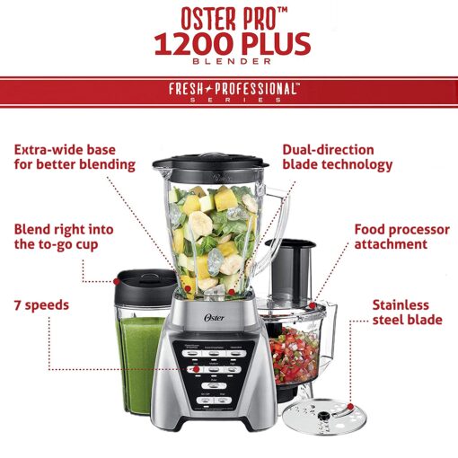 Oster Blender | Pro 1200 with Glass Jar, 24-Ounce Smoothie Cup and Food Processor Attachment, Brushed Nickel - BLSTMB-CBF-000 - Image 11
