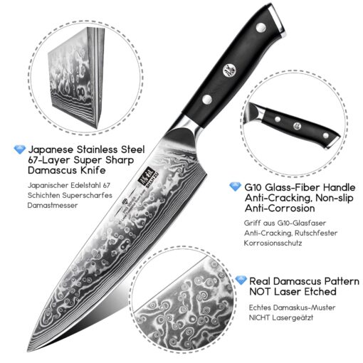 SHAN ZU Damascus Knife Set, Japanese Super Steel 3 PCS Damascus High Carbon Professional Ultra-Sharp Kitchen Chef Knife Set with G10 Handle Gift Box - Image 7