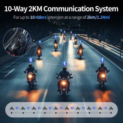 JESIMAIK Motorcycle Helmet Bluetooth Headset, 10 Way 2KM Helmet Communication System, Multitasking Audio Motorcycle Intercom, 2 Mics&40mm Helmet Speaker, 2 Pack - Image 7