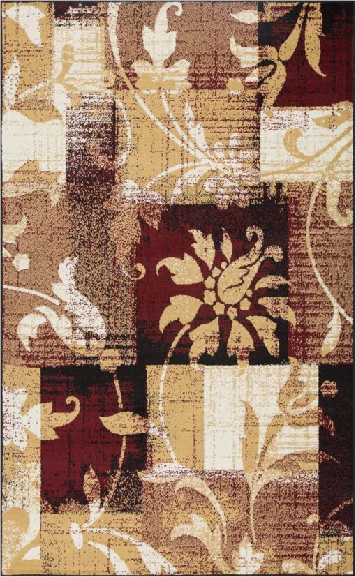 Superior Indoor Area Rug, Jute Backed, Perfect for Entryway, Office, Living/Dining Room, Bedroom, Kitchen, Floor, Modern Floral Patchwork Decor, Pastiche Collection, 7' x 9', Burgundy