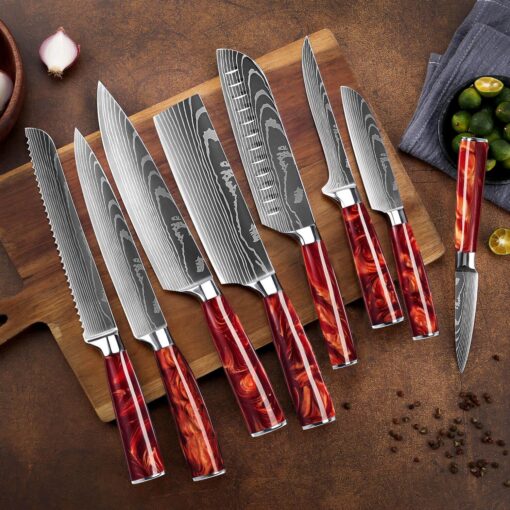 SENKEN 16-Piece Natural Acacia Wood Kitchen Knife Block Set - Japanese Chef's Knife Set with Laser Damascus Pattern, Includes Steak Knives, Kitchen Shears, Santoku, Cleaver & More (Red Resin Handles) - Image 7