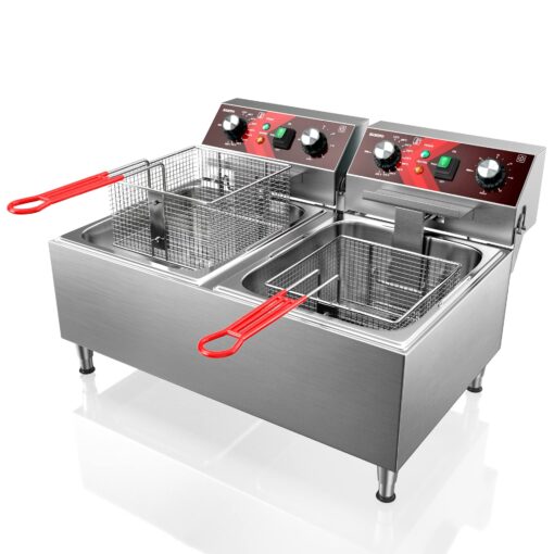 EGGKITPO Deep Fryers Stainless Steel Commercial Deep fryer with Timer Dual Tank Electric Deep Fryer with 2 Baskets Large Capacity 10L X 2 Electric Countertop Fryer for Restaurant and Home, 120V 3600W