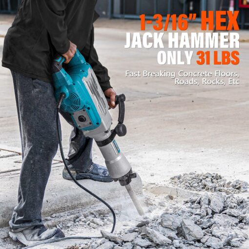 Berserker 1700W 30-Pound Demolition Jack Hammer with 1-3/16" Hex, 14-Amp Corded Electric Heavy Duty Demo Chipping Hammer Concrete/Pavement Breaker with Carrying Case Flat Chisel Bull Point Chisel - Image 7