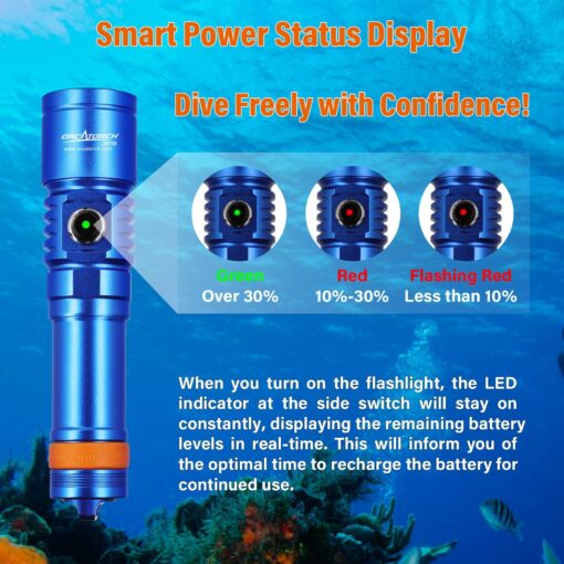 ORCATORCH D710 Scuba Diving Light, 3000 Lumens Super Bright Underwater Flashlight with 6 Degrees Narrow Beam, IP68 Waterproof Night Dive Torch 150 Meters Submersible Light (Blue) - Image 5