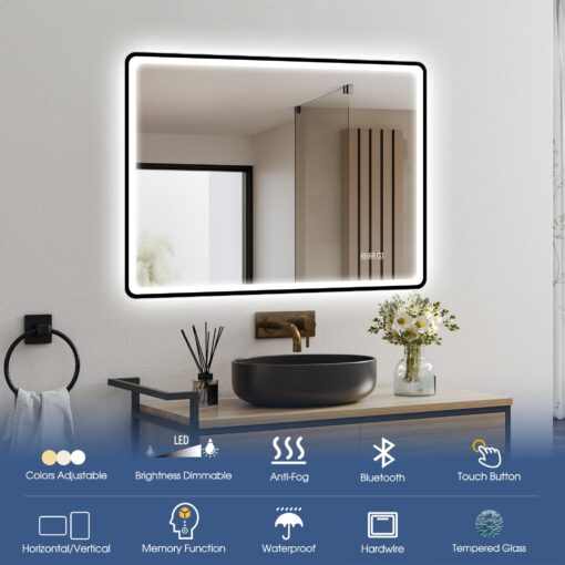 STARLEAD 28"x36" LED-Bathroom-Mirror-with-Lights, Wall-Mounted with Bluetooth, Anti-Fog, 3 Color Temperature Dimmable Brightness, Waterproof, Tempered Glass, Frontlit & Backlit, Black Frameless - Image 9