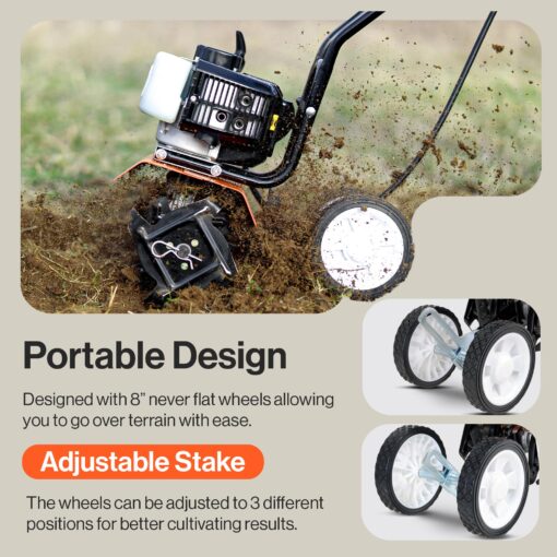 SuperHandy 52cc 2 Stroke Gas Mini Tiller Cultivator - 1.8HP, 4 Adjustable Steel Tines, Forward Rotation, 10" Tilling Width - Ideal for Garden, Lawn, Soil Cultivation, Weed & Digging - Image 3