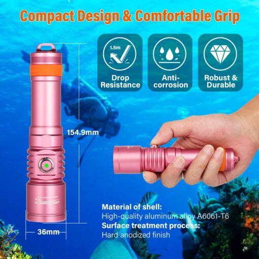 ORCATORCH D710 Scuba Diving Light, 3000 Lumens Super Bright Underwater Flashlight with 6 Degrees Narrow Beam, IP68 Waterproof Night Dive Torch 150 Meters Submersible Light (Pink) - Image 3
