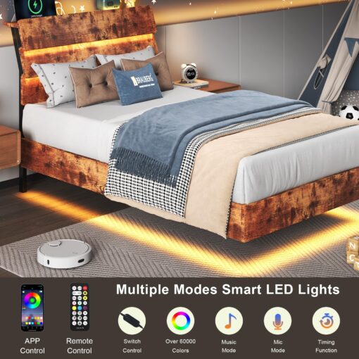 Feonase Twin Floating Bed Frame with Led Lights and Charging Station, Wood Twin Size Bed Frame with Storage Headboard, Heavy Duty Metal Slats, No Box Spring Needed, Easy Assembly, Vintage Brown - Image 7