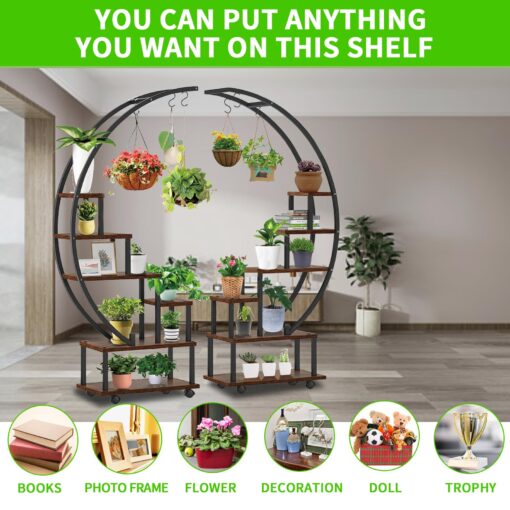 homegroove 2 pcs 6 Tier Tall Metal Plant Stand Indoor, Half Moon Shape Large Plant Shelf with Detachable Wheels, Curved Ladder Flower Pot Stand Rack for Home Patio Lawn Garden Balcony Round-Brown - Image 5
