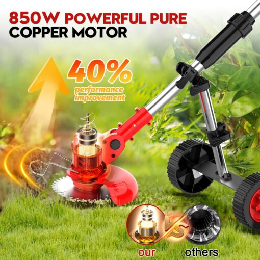 Electric Weed Wacker Cordless with Wheels, Weed Eater Battery Powered 2000mAh 21V, 3 in 1 Lightweight Grass Trimmer String Trimmer Brush Cutter Mower, Stringless Weed Trimmer Edger W/Blade 2 Battery - Image 5