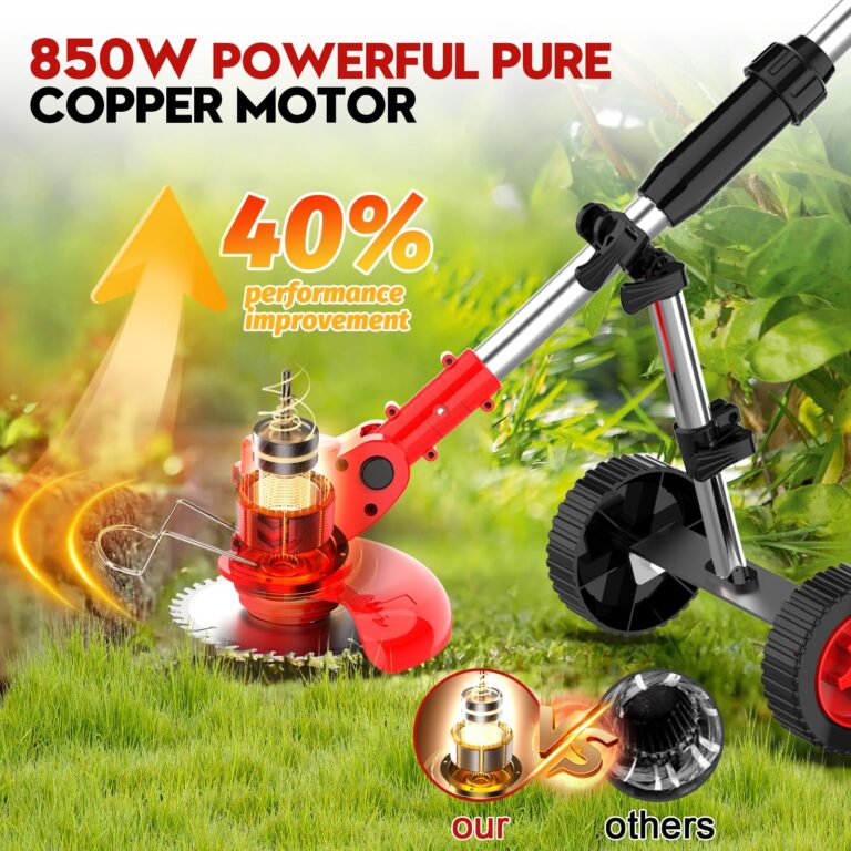 Electric Weed Wacker Cordless with Wheels, Weed Eater Battery Powered 2000mAh 21V, 3 in 1 Lightweight Grass Trimmer String Trimmer Brush Cutter Mower, Stringless Weed Trimmer Edger W/Blade 2 Battery - Image 5