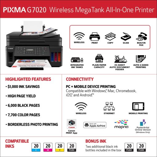 Canon G7020 All-in-One Printer Home Office | Wireless Supertank (Megatank) Printer | Copier | Scan, | Fax and ADF with Mobile Printing, Black, Works with Alexa - Image 3