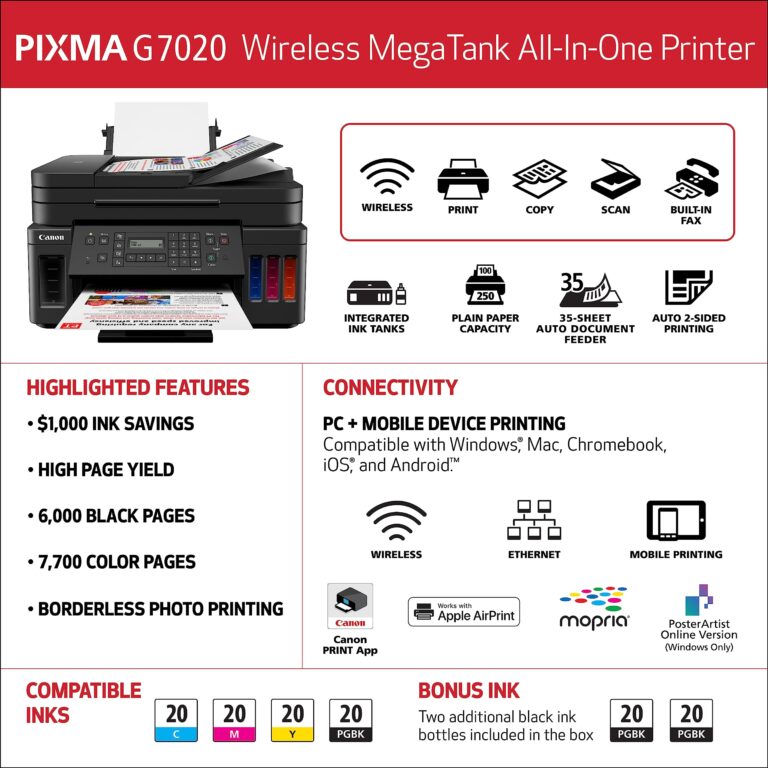 Canon G7020 All-in-One Printer Home Office | Wireless Supertank (Megatank) Printer | Copier | Scan, | Fax and ADF with Mobile Printing, Black, Works with Alexa - Image 3