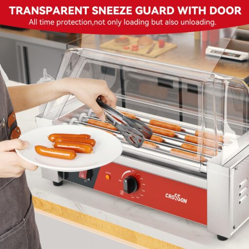 CROSSON 12 Hot Dog 5 Roller Grill Machine with Transparent Sneeze Guard,5 Nonstick 304SS Rollers Commercial Hot Dog Cooker Machine-120V, 750W - Image 6