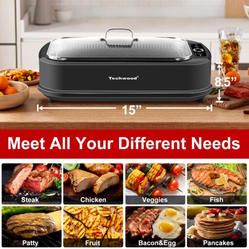 Indoor Grill, Techwood 1500W Smokeless Electric Grill with 2 in1 Nonstick Grill/Griddle Plates, Portable Korean BBQ Grill with 6-Level Control, Glass Lid, Dishwasher Safe, Double Plates, Black - Image 6