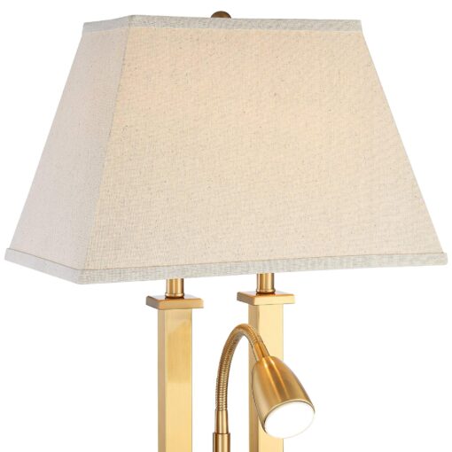 Possini Euro Design Deacon Modern Desk Table Lamp with USB and AC Power Outlet in Base LED Gooseneck 26" High Antique Brass Oatmeal Linen Drum Shade for Living Room Bedroom Bedside Nightstand - Image 8