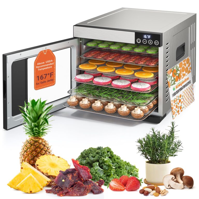 Konfintos Food Dehydrator for Jerky, 700W Commercial Dehydrator 167°F Saves More Time, 6 Larger Stainless Steel Trays Square Dryer for Beef Jerky, Meat, Fruits, Mushroom, Recipes & Silicone Gloves