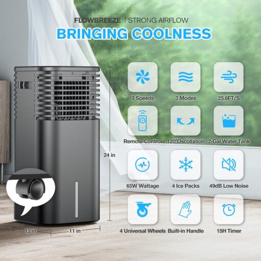 24" Windowless Portable Air Conditioner, 15H Timer & 120°Oscillation, 3-IN-1 Portable AC Unit with Remote, 2-Gal Tank, 3 Modes & 3 Speeds, Ultra-Quiet Ventless Swamp Cooler for Room Home Office, Black - Image 9