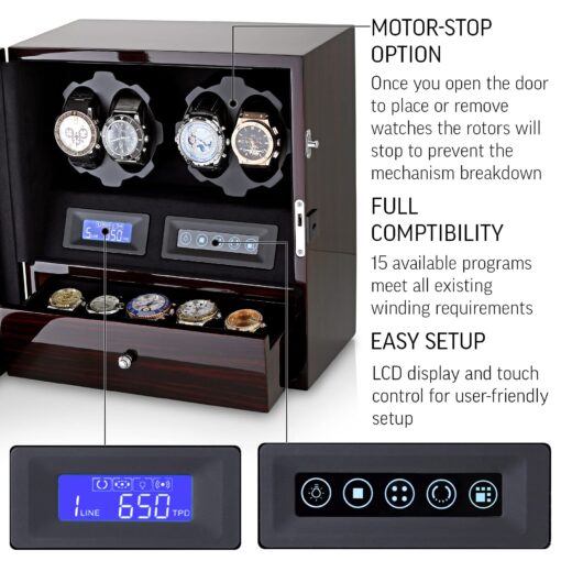 4 Watch Winder with 5 Watch Storage Space, LCD Display, Touch Control and Interior Light (Ebony + Black Velvet) - Image 5