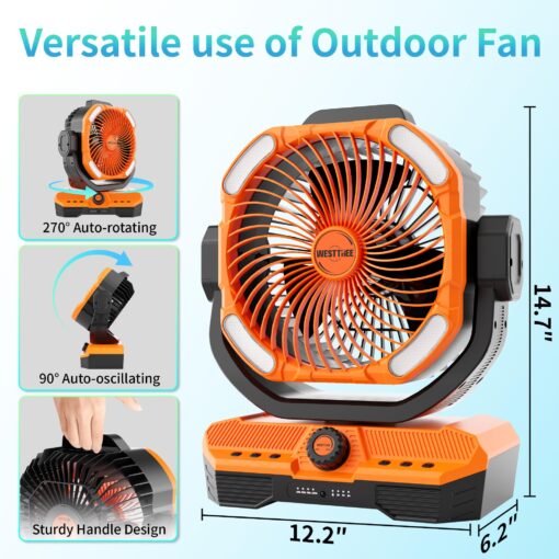 WESTTREE Battery Powered Fan Powerful Airflow Battery Operated Air Circulator Fan for Bedroom,Quiet & 360°Auto Oscillating Rechargeable Camping Fans with LED Light (RGBW) X66 Orange - Image 7