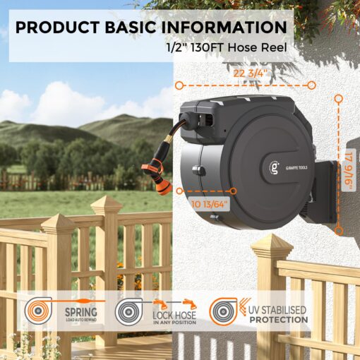 Giraffe Tools Retractable Garden Hose Reel 1/2 Inch x 130 ft, Super Heavy Duty, Any Length Lock, Slow Return System, Wall Mounted and 180 Deg Swivel Bracket - Image 5