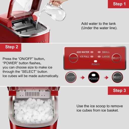 Galanz Portable Countertop Electric Ice Maker Machine, 26 lbs in 24 Hours, 9 Bullet Shaped Cubes Ready in 9 Minutes, 2 Ice Sizes, Perfect for Parties & Home Bar, 2.1 L, Retro Red - Image 7