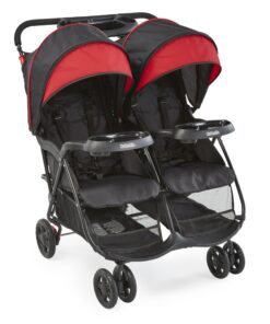 Kolcraft Cloud Plus Side-by-Side Lightweight Double Baby Stroller and Toddler Stroller with Reclining Seats, Child and Parent Trays, Large Storage, Extendable Canopies, Compact Fold - Red/Black