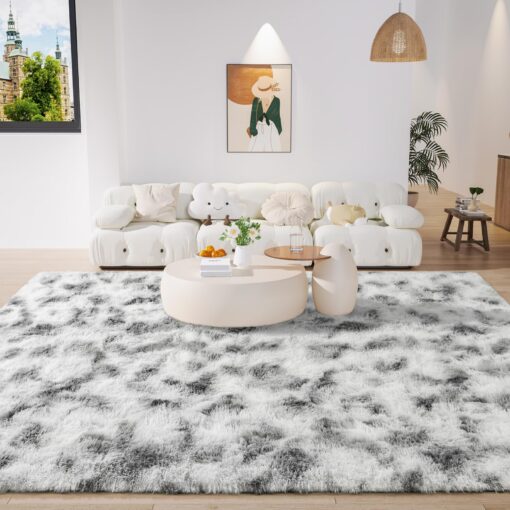 LOCHAS Ultra Soft Indoor Modern Area Rugs 9x12, Fluffy Living Room Carpets for Children Bedroom Home Decor Nursery Rug, Tie-Dyed Grey & White - Image 7