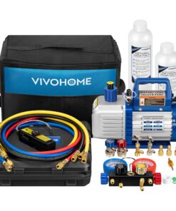 VIVOHOME 110V 3/4 HP 7.2CFM 2 Stage HVAC Vacuum Pump and 4 Way AC Manifold Gauge Set Kit with Leak Detector 5ft Hoses for R134a R12 R22 R502 R410a Auto Air Conditioning Refrigeration Recharging
