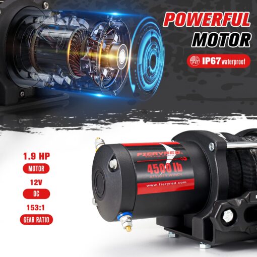 FieryRed ATV/UTV Winch- 12 V 4500LBS Electric Winch with Synthetic Rope, Wire and Wireless Remote Control, Aluminium Fairlead, Waterproof IP67 - Image 7