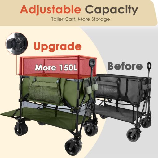 HOPERAN 550L XXL Foldable Double Decker Wagon-Greater Capacity,360° Adjustable Handle Heavy Duty 550LBS Collapsible Cart with 54" Extra Extender,All Terrain Double-Locking Brack Wheels (Olive Green) - Image 9