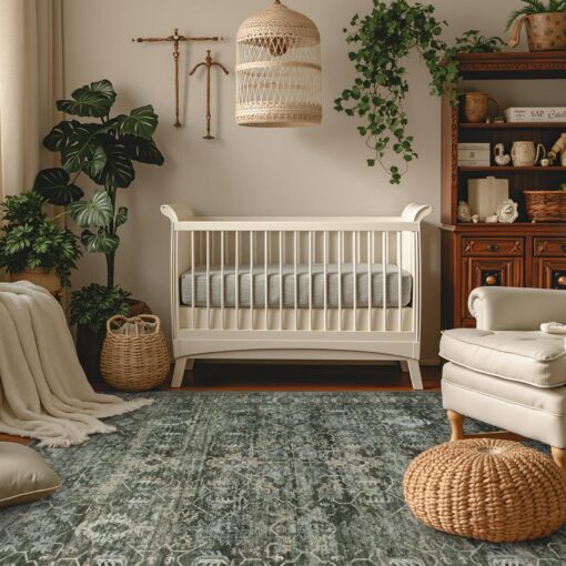 Lahome Boho Green Area Rugs 9x12 Living Room,Washable Large Rugs for Bedroom Aesthetic,Vintage Distressed Non Slip Low Pile Dining Room Rug Carpet for Home Office Playroom(9'x12',Green) - Image 3