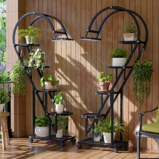 Bestier Plant Stand Indoor with Grow Lights, 5 Tiered Metal Plant Stand with Wheels, 65" Tall Plant Stands for Indoor Plants Multiple, 2 Pack Half-Heart Shape Plant Rack for Living Room Patio Balcony