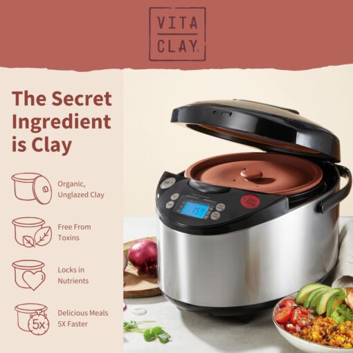 VitaClay Smart Organic Clay Pot Multi Cooker - Toxin Free Clay Rice Cooker, Delay Start Slow Cooker, Stew Cooker, Electric Soup Pot, Yogurt Maker, with Natural Earthen Clay Crock, 8 Cup / 4.2-Quart - Image 4