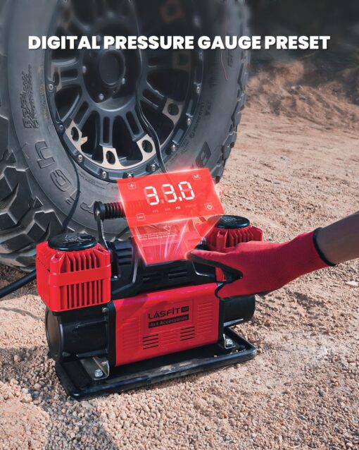 LASFIT X4 Off Road Air Compressor, [Fits 4x4 Vehicle, Truck, RV] 12.35CFM Super Fast Dual Cylinder Heavy Duty Portable Tire Inflator, 12V Smart Auto Stop Air Pump w/Digital Pressure Gauge, 150PSI Max - Image 5