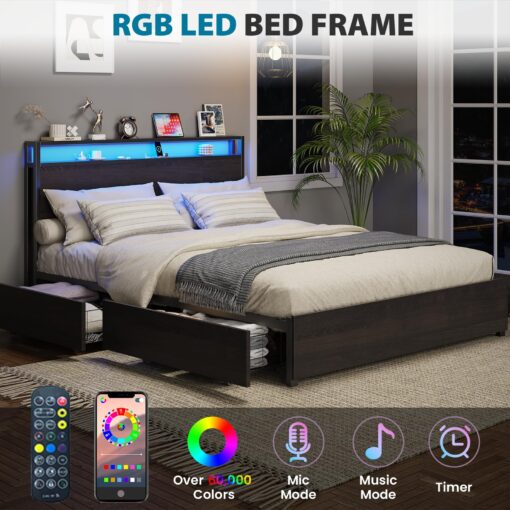 Kiivakii Full Size Bed Frame with Headboard, LED Platform Bed with 4 Storage Drawers, Built in Charging Station, Noise-Free, Metal Support Base, No Box Spring Needed, Black - Image 7