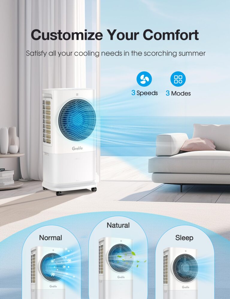 Grelife Portable Evaporative Air Cooler, 3-IN-1 Air Cooler Cooling Fan with Remote Control, 8H Timer, 4 Ice Packs, 6.5L Water Tank, 3 Modes, 3 Speeds, Personal Swamp Cooler for Bedroom - Image 5