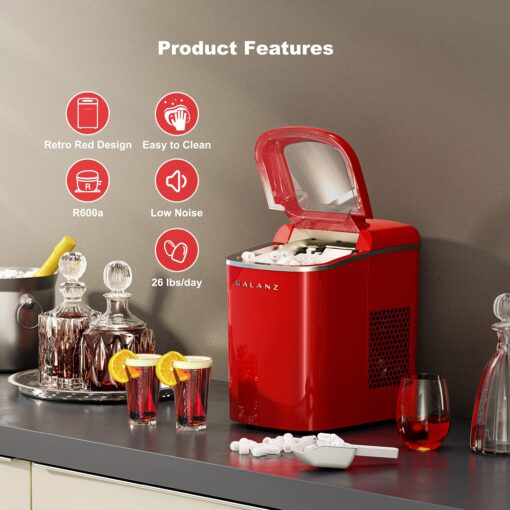 Galanz Portable Countertop Electric Ice Maker Machine, 26 lbs in 24 Hours, 9 Bullet Shaped Cubes Ready in 9 Minutes, 2 Ice Sizes, Perfect for Parties & Home Bar, 2.1 L, Retro Red - Image 9